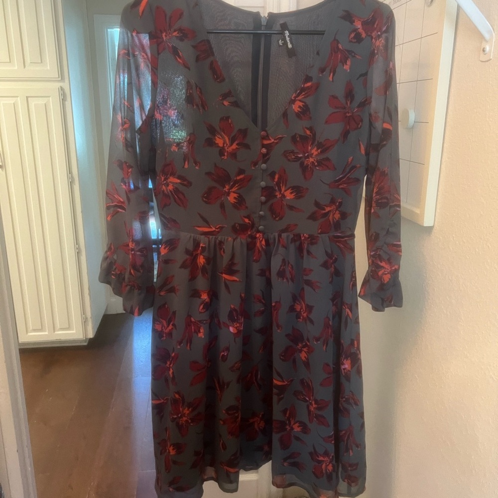 Madewell Red and Green Fit and Flare Bell Sleeve Dress